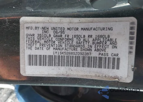 1995 Geo Prizm Lsi z USA, uszkodzony, nr VIN 1Y1SK5268SZ092387